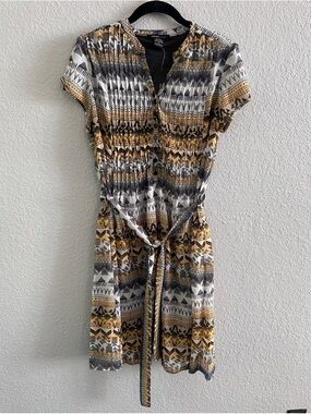 NWT Robert Louis Shirt Dress Geometric Print Tie Waist Boho Midi Black Ivory S